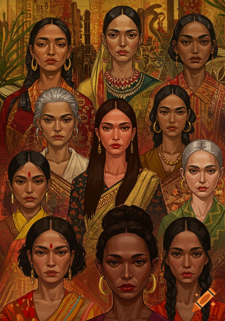 Stylized collage of multiple women's portraits in traditional attire, featuring diverse features and expressions against a patterned background.