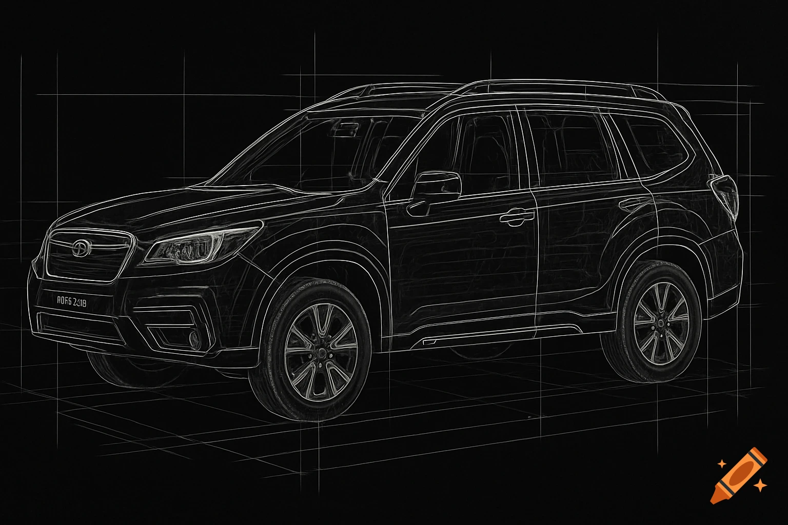 White line blueprint drawing of a Subaru Forester SUV on a black background.