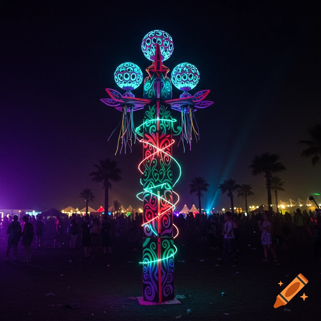 A brightly lit totem pole with glowing spheres and neon green and red patterns stands at a night festival with palm trees and a crowd.