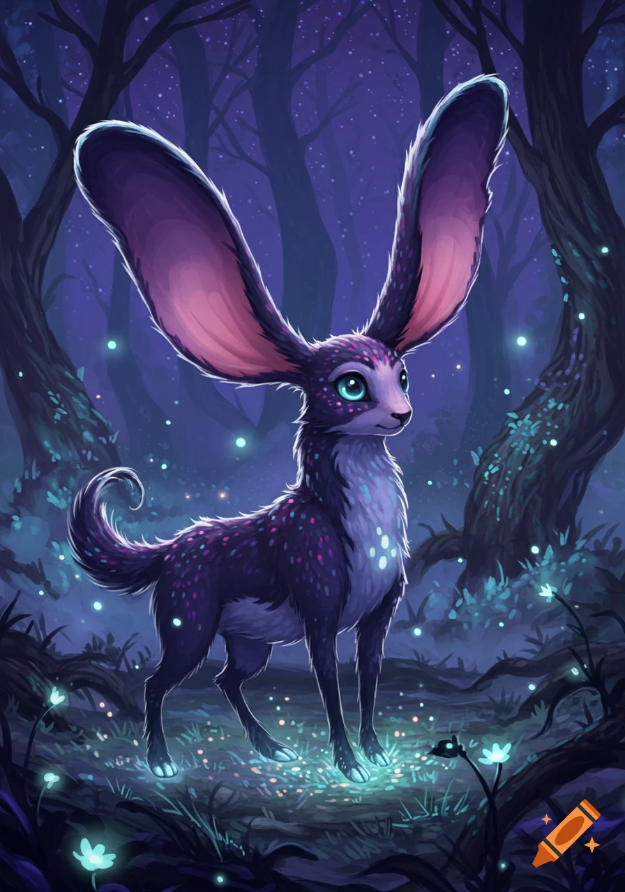 A whimsical purple fantasy creature with huge ears and glowing eyes stands in a bioluminescent forest, illustration.