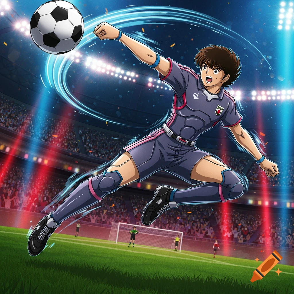 Anime male soccer player in a gray uniform jumps in a stadium at night to kick a soccer ball.