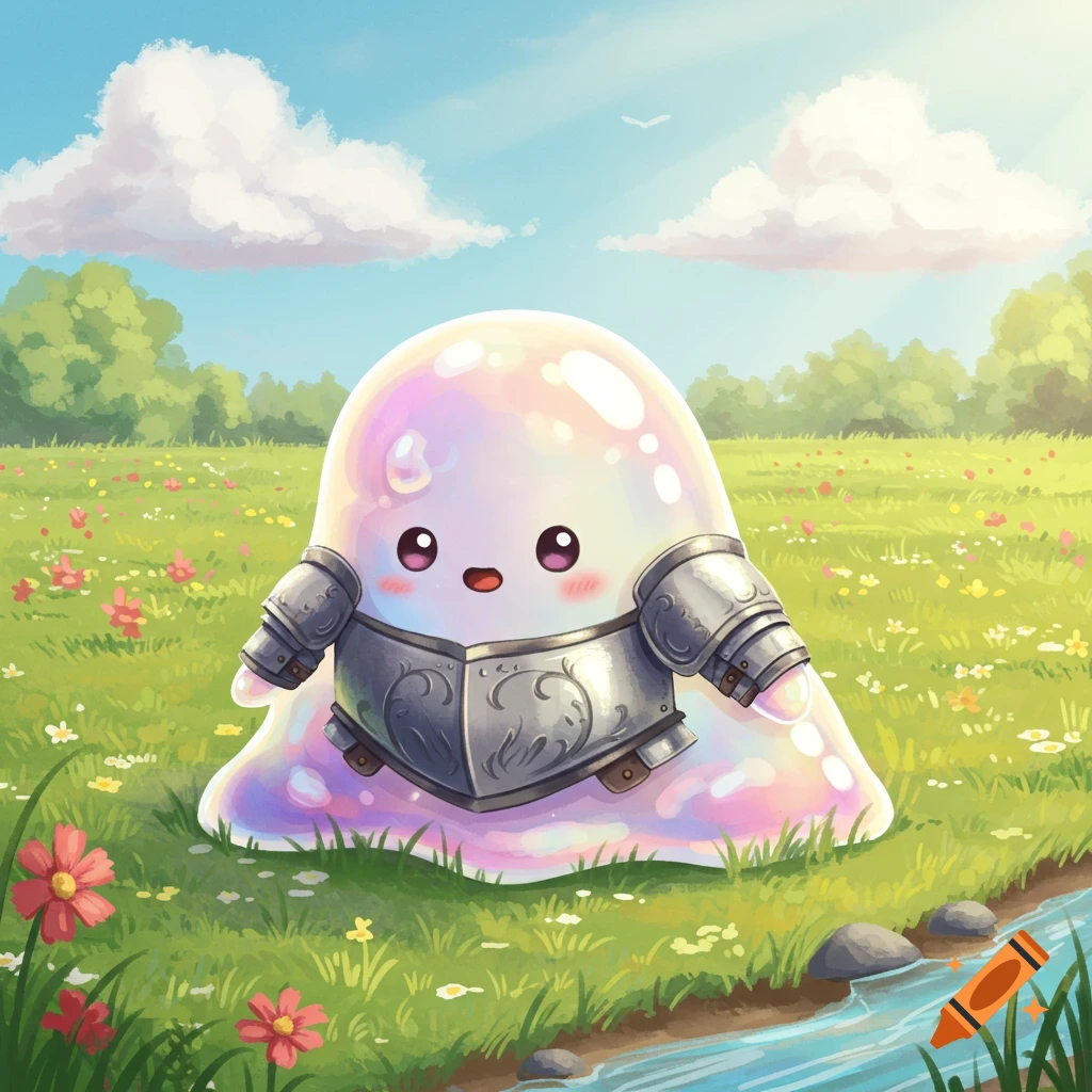 A cute pearlescent slime monster wearing armor stands in a vibrant meadow with wildflowers, a stream, and a blue sky.