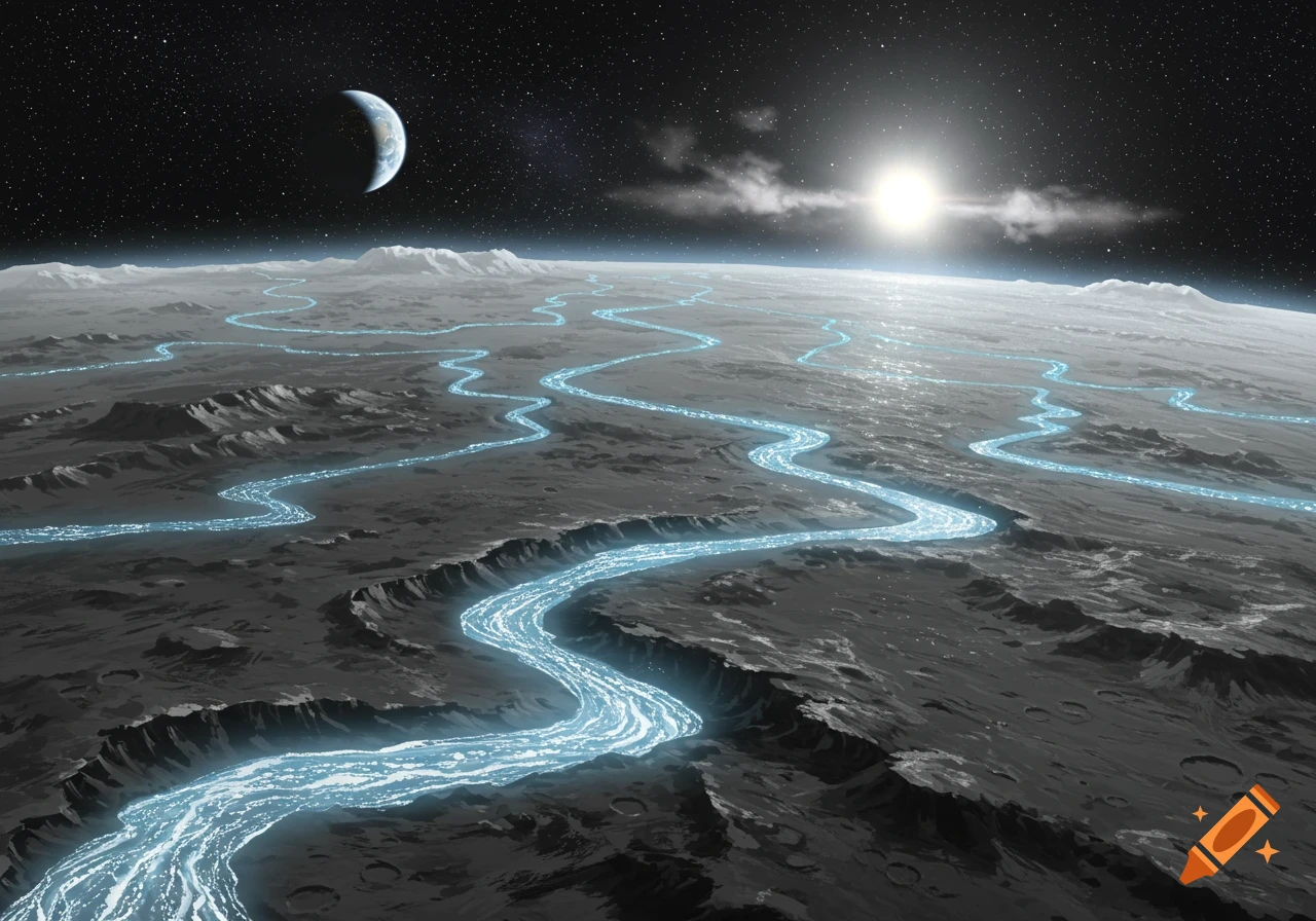 Glowing blue rivers wind across a dark, cratered moon surface under a starry sky with a crescent planet and bright sun.
