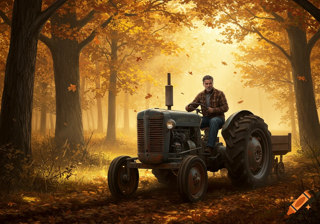 A rugged man drives a vintage tractor through a sun-drenched autumnal forest, surrounded by golden leaves.