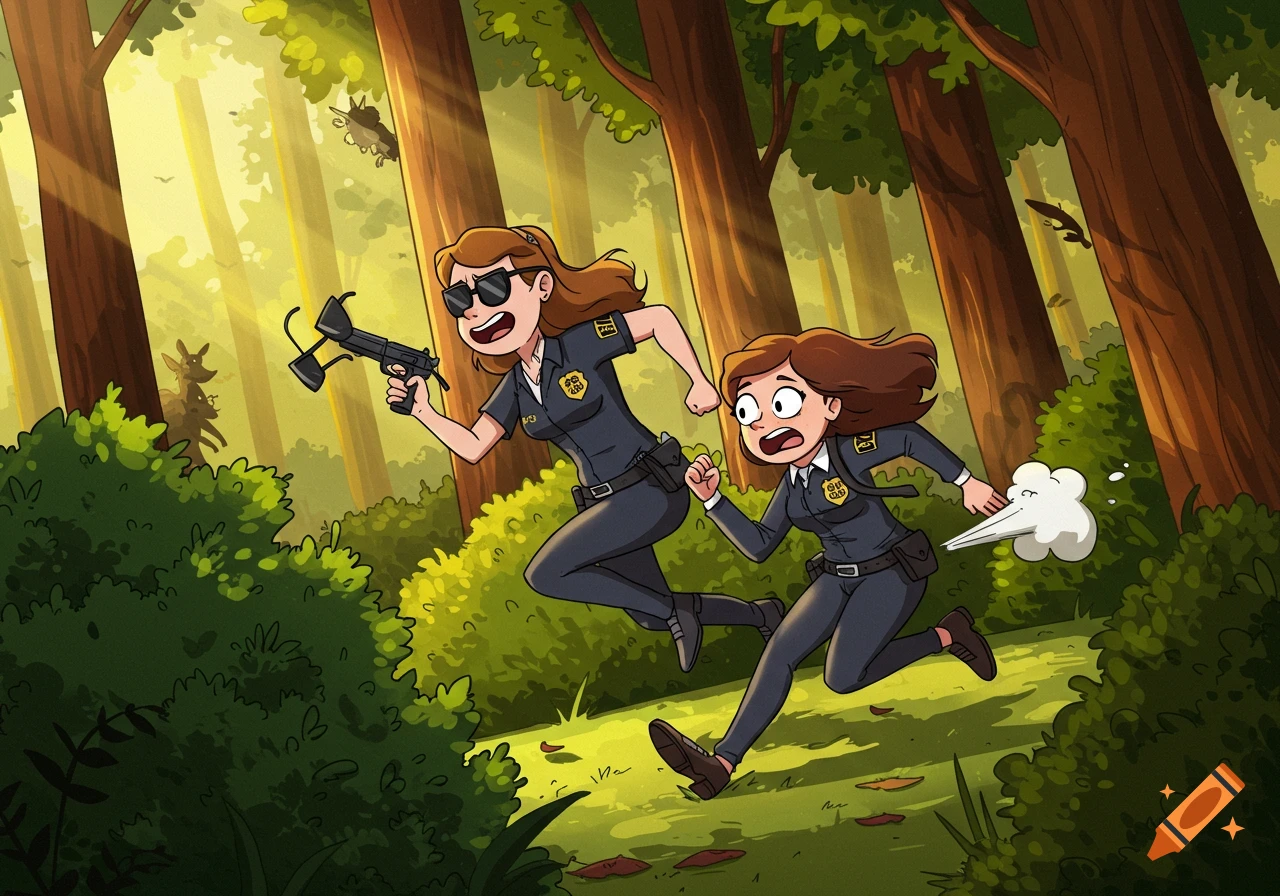 Two female FBI agents, one firing a crossbow and the other farting, run through a bright, sunny forest in a cartoon style.