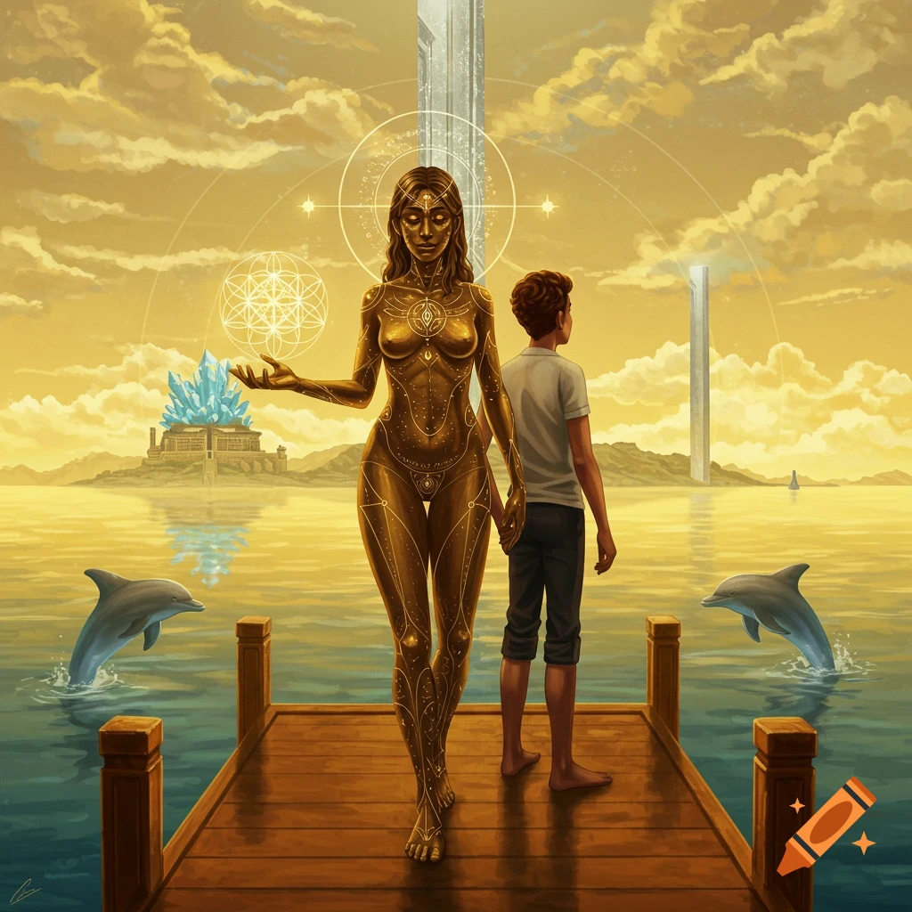 A golden, geometric woman and a boy stand on a pier over a golden sea with dolphins, a crystal library, and a silver gateway on the horizon.