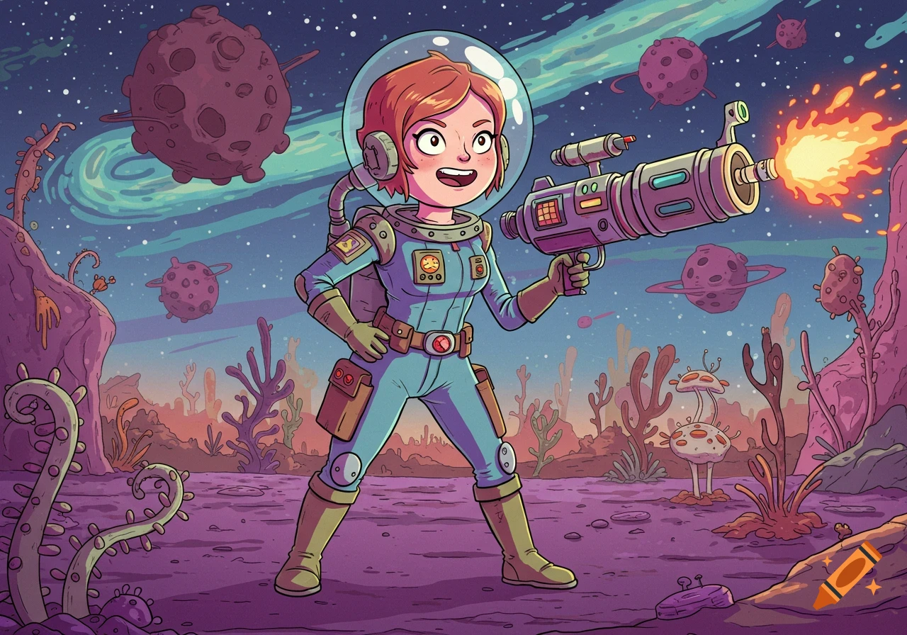A female space mercenary in a blue suit and helmet fires a large laser gun on a vibrant purple alien planet in a cartoon style.
