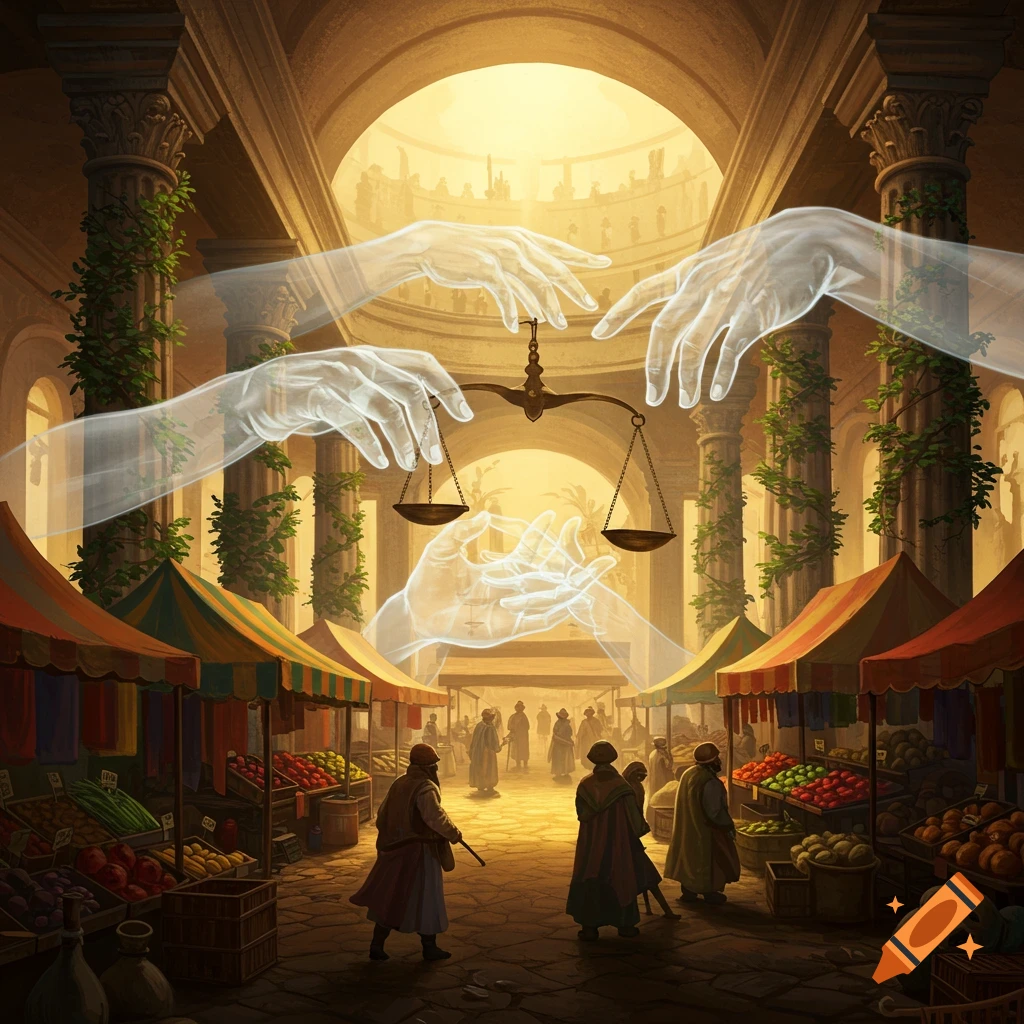 An ethereal glow surrounds giant ghostly hands holding a set of scales over a bustling ancient marketplace within a grand arched hall.
