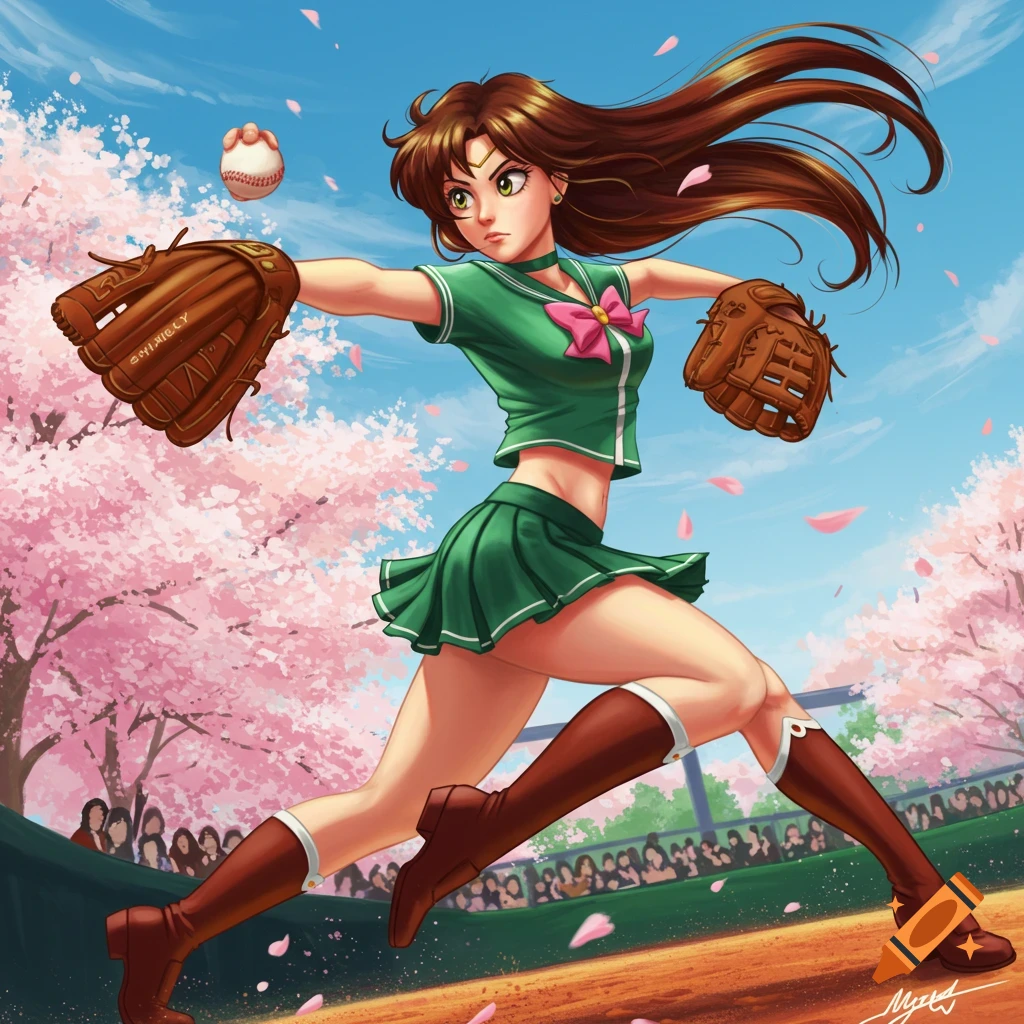 Anime-style Makoto Kino (Sailor Jupiter) in a green baseball uniform and gloves, pitching a baseball on a field with cherry blossom trees.