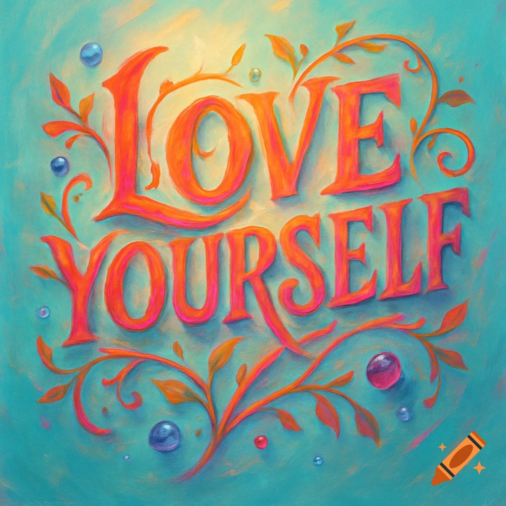 Vibrantly colored 'LOVE YOURSELF' text surrounded by decorative vines and bubbles in a digital painting style.