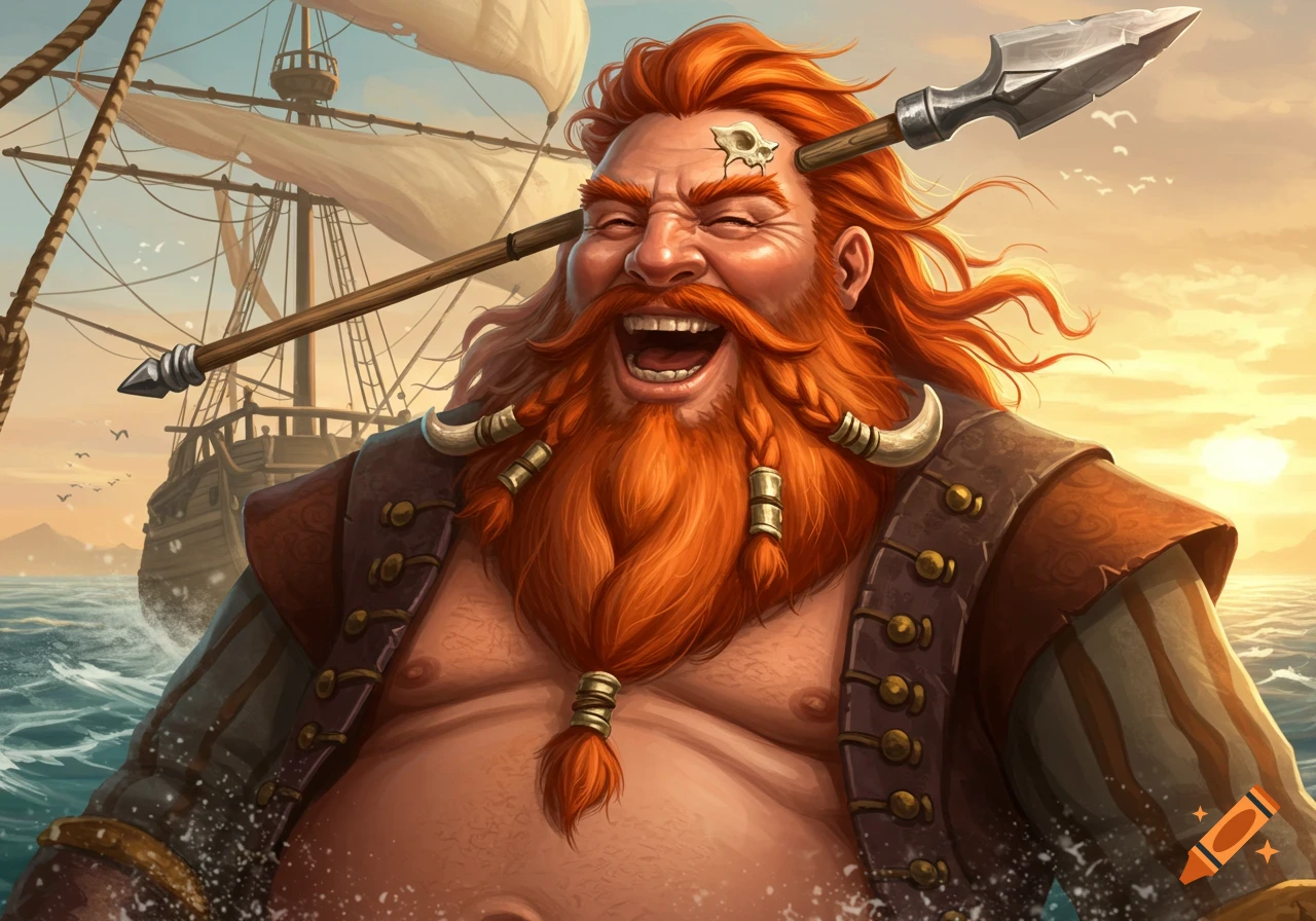 A laughing, red-bearded pirate-like man with a spear through his head, on the ocean with a sailing ship in the background. Illustrated.
