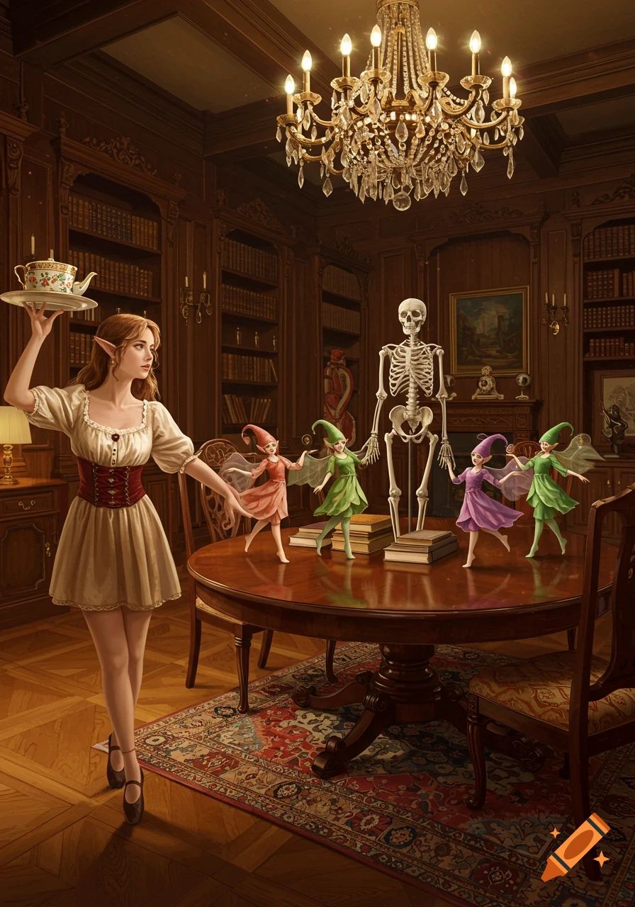An elf-like woman holds a teapot on a tray in a grand library, watching tiny fairies dance on a table next to an anatomy skeleton.