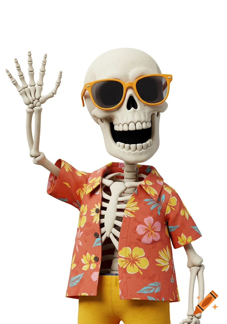 Cartoon skeleton in a Hawaiian shirt and sunglasses, waving, on a white background.