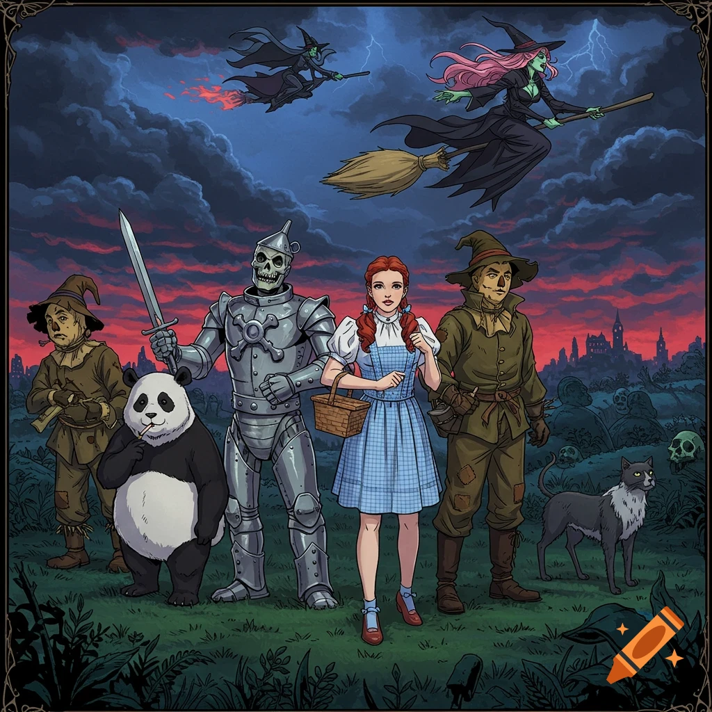 An anime-style illustration of Dorothy, the Tin Man (a skeleton in armor), a panda (the Cowardly Lion), and the Scarecrow, with witches flying overhead in a dark, stormy landscape.