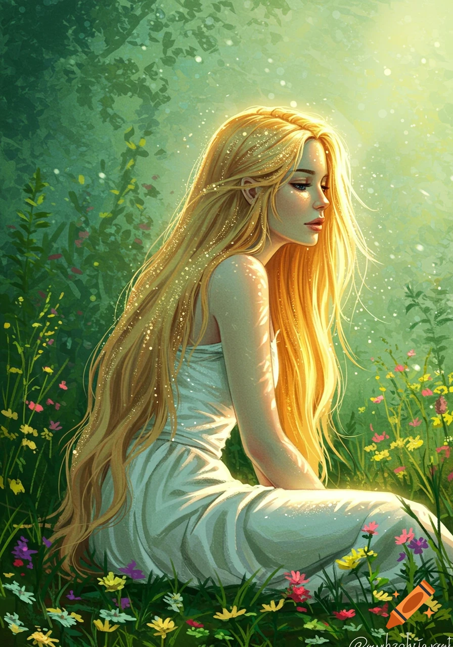 An illustration of a blonde woman in a white dress, sitting in a sunny field of colorful wildflowers, bathed in golden light.