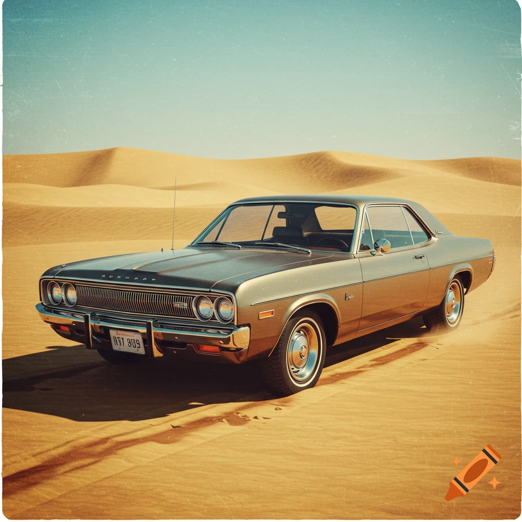 A vintage gold American car with a retro style drives through desert sand dunes under a clear blue sky.