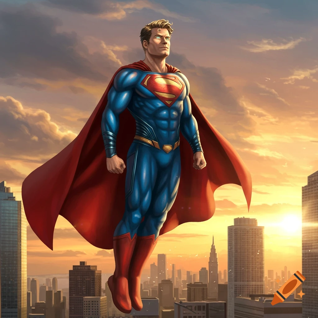 A muscular blond Superman in his iconic blue suit and red cape flies high above a sprawling city at sunset, looking determined.