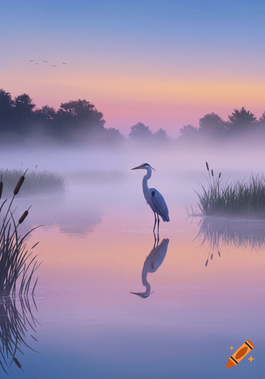 A heron stands in a misty lake at sunrise with reflections on the water and trees in the background.