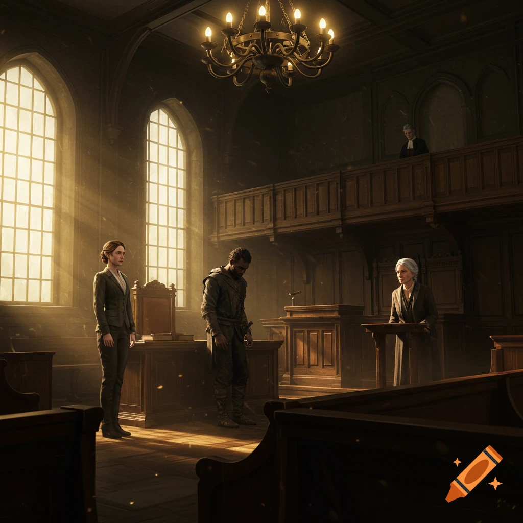 Three figures stand in a grand, sunlit courtroom with large arched windows, wooden paneling, and a chandelier.