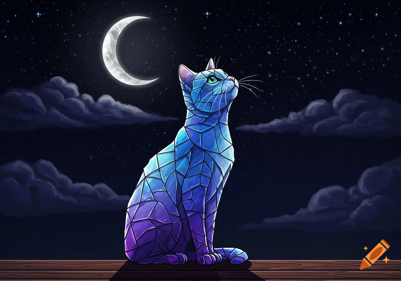 A stylized stained glass cat, in shades of blue and purple, looks up at a crescent moon and starry night sky.