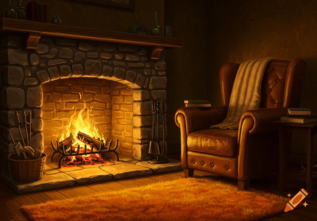 A cozy room with a roaring fireplace, a comfortable leather armchair with a blanket, and an orange shaggy rug.
