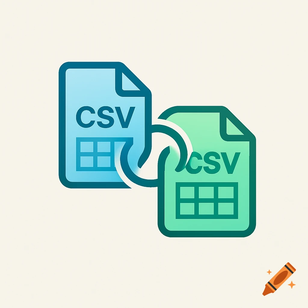Icon of blue and green CSV file documents linked by a circular arrow, suggesting combination or conversion.