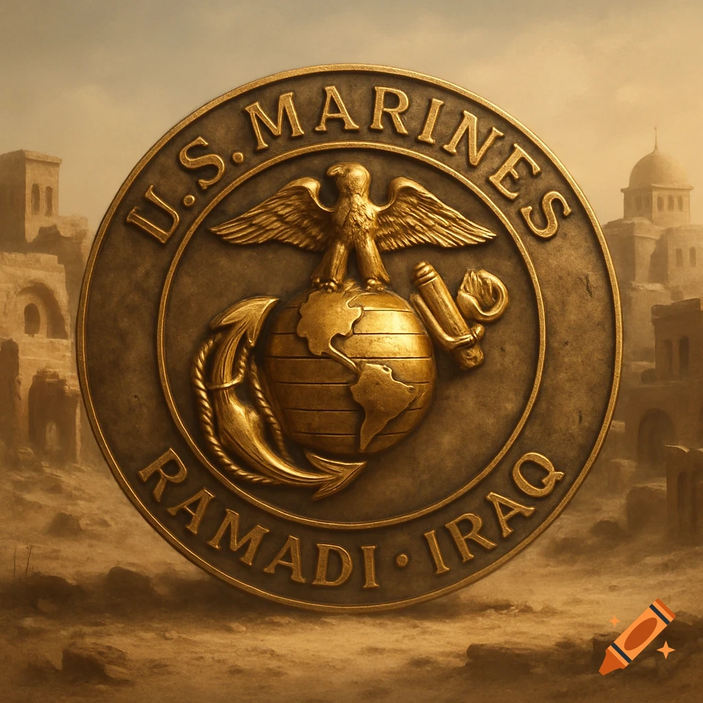 A detailed bronze U.S. Marines emblem with an eagle, globe, and anchor, reading "U.S. Marines Ramadi Iraq," set against desert ruins.