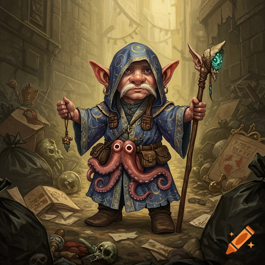 A D&D gnome wizard in a blue robe with an octopus arm belt and a staff, standing amidst garbage in a fantasy alley.