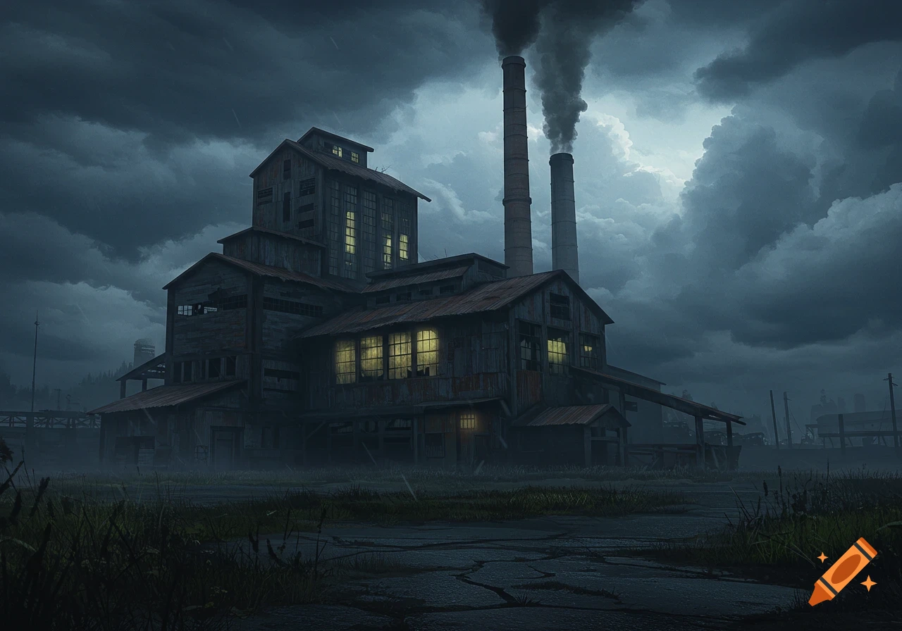 An old, dilapidated factory with two smoking chimneys under a dark, stormy sky. Yellow lights glow from its windows onto cracked, wet ground.