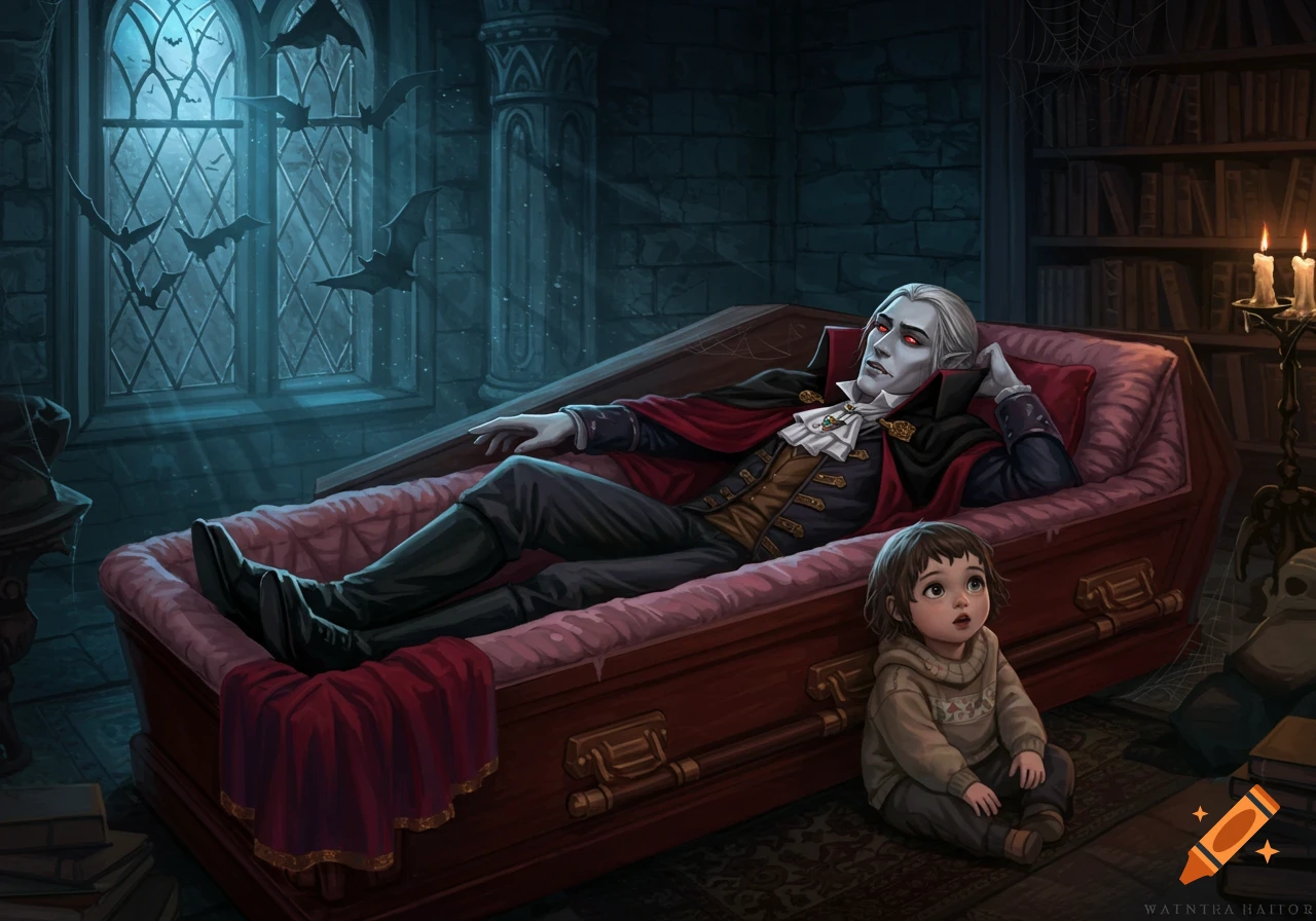 A pale vampire with red eyes reclines in a coffin while a small child sits on the floor beside him in a dark, gothic room with bats at the window.