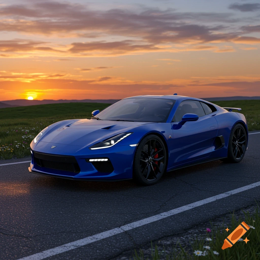 Sleek blue sports car on an asphalt road with a vibrant sunset over green hills, photorealistic.