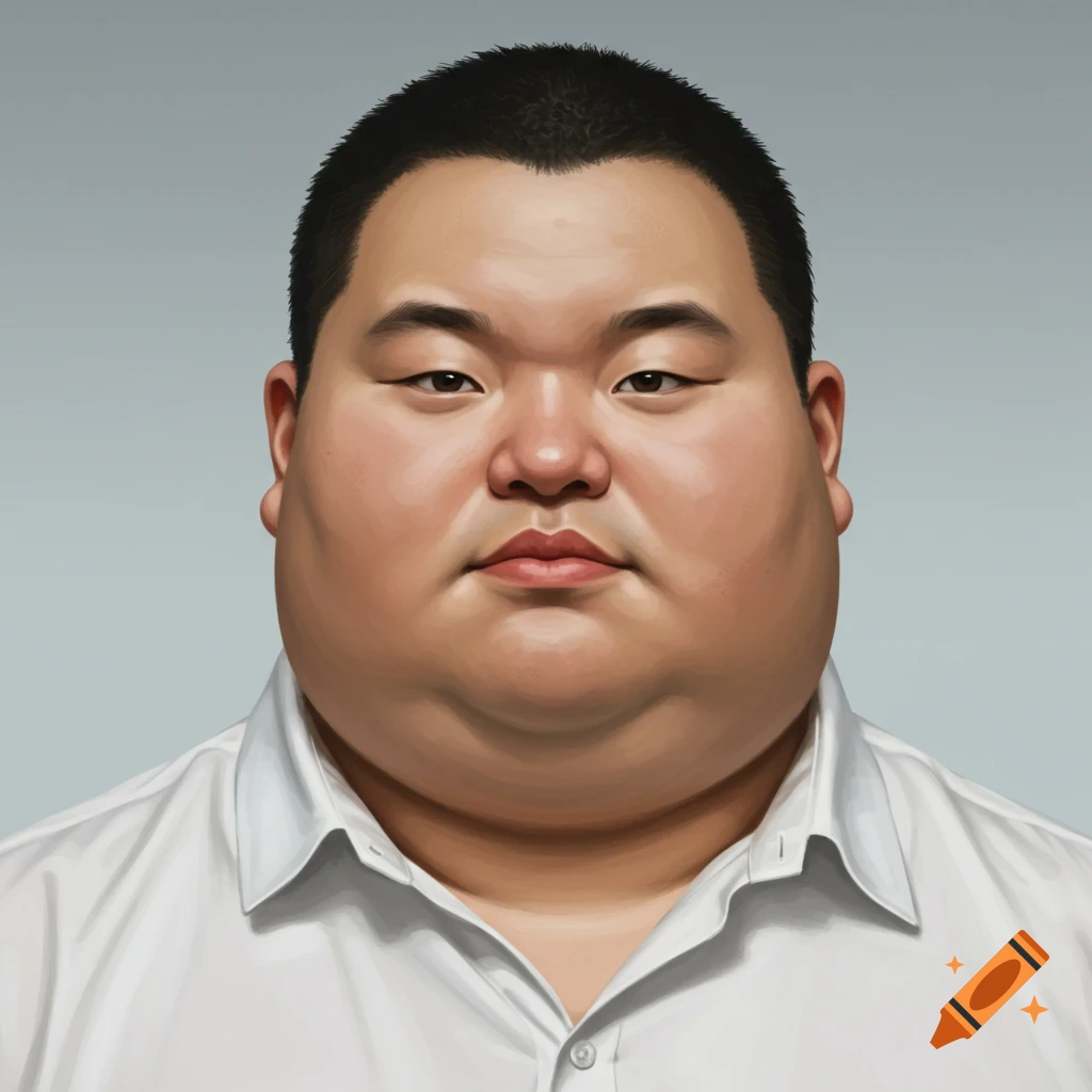 Digital portrait of a chubby East Asian man with short dark hair, wearing a white shirt, against a gray background.
