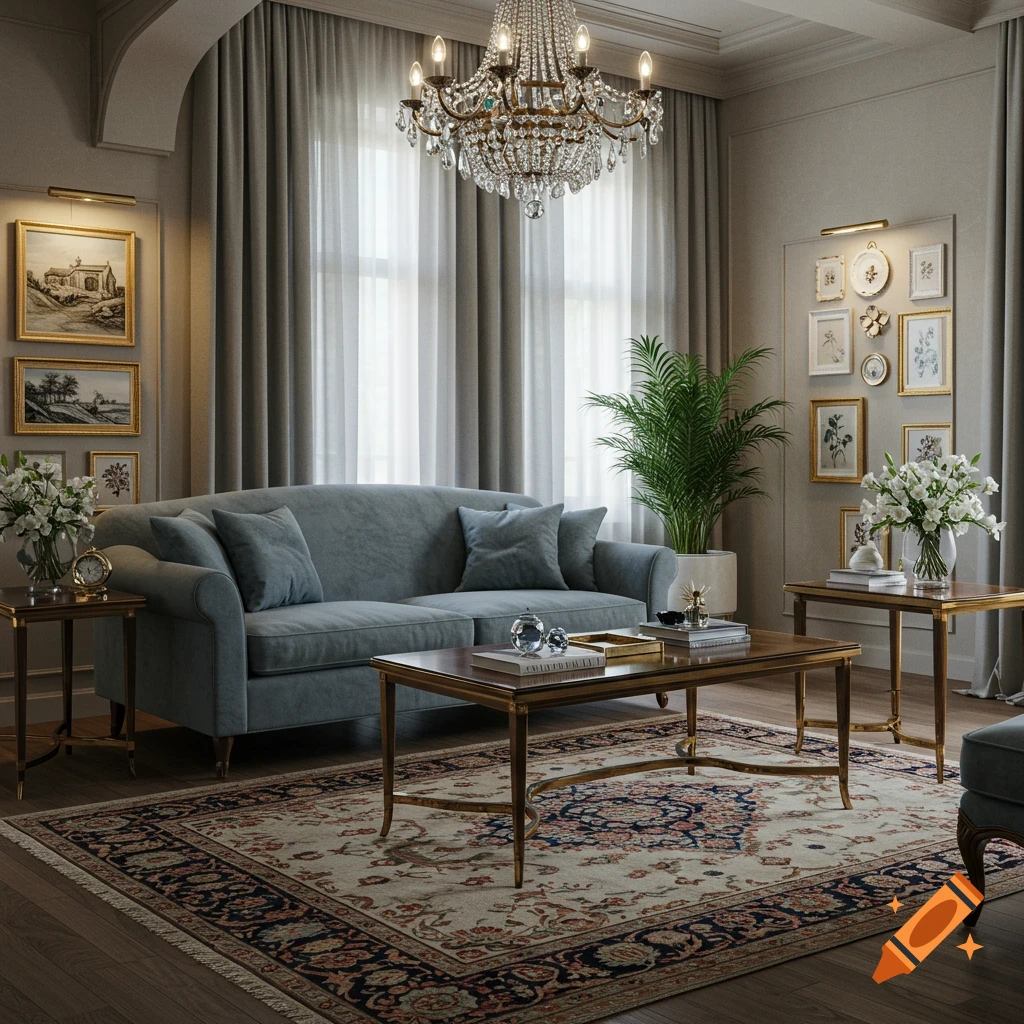 A luxurious living room with a blue sofa, ornate rug, crystal chandelier, and framed artwork.