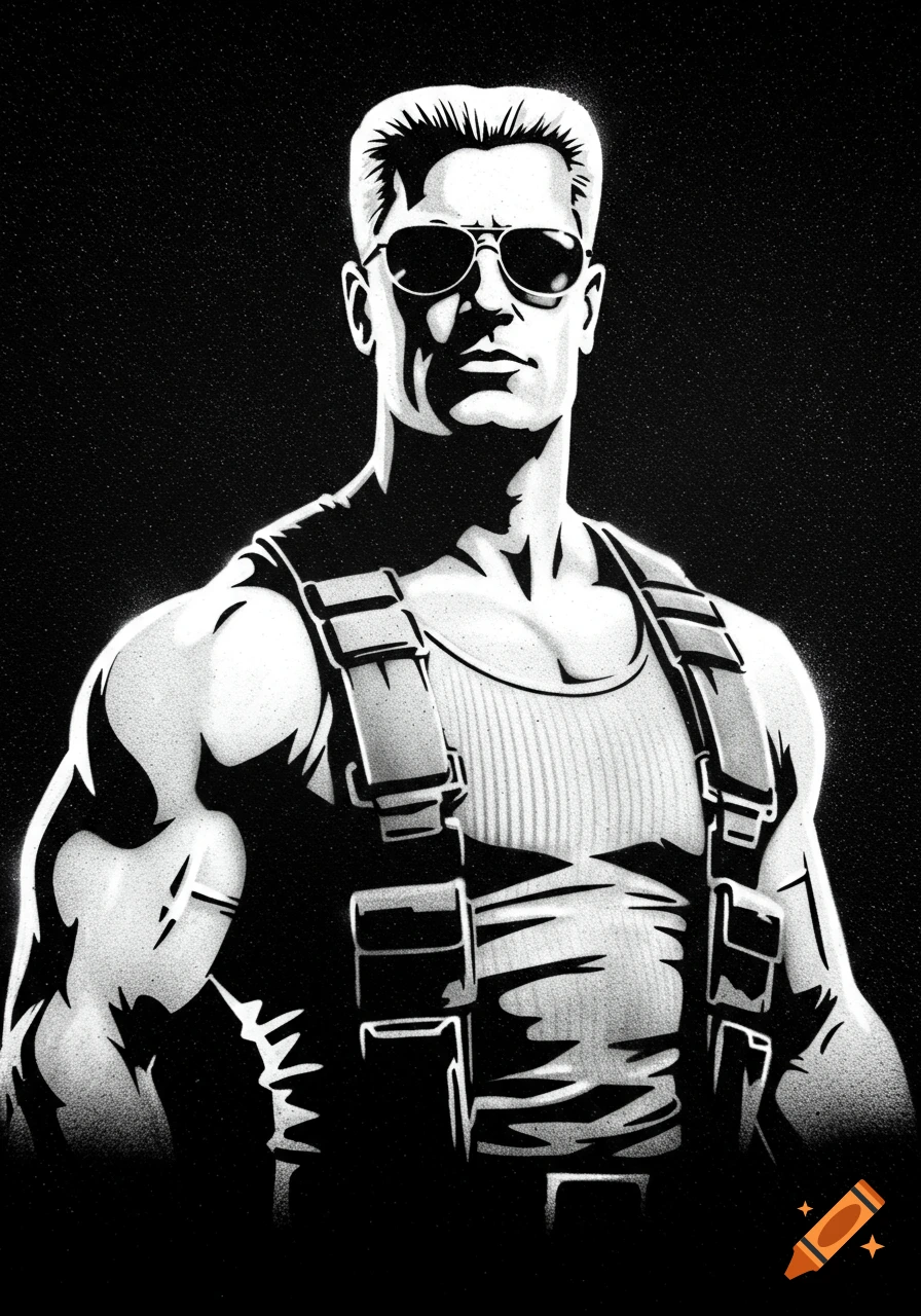 Black and white stencil art of a muscular man with a flattop haircut, wearing sunglasses, a tank top, and tactical straps.