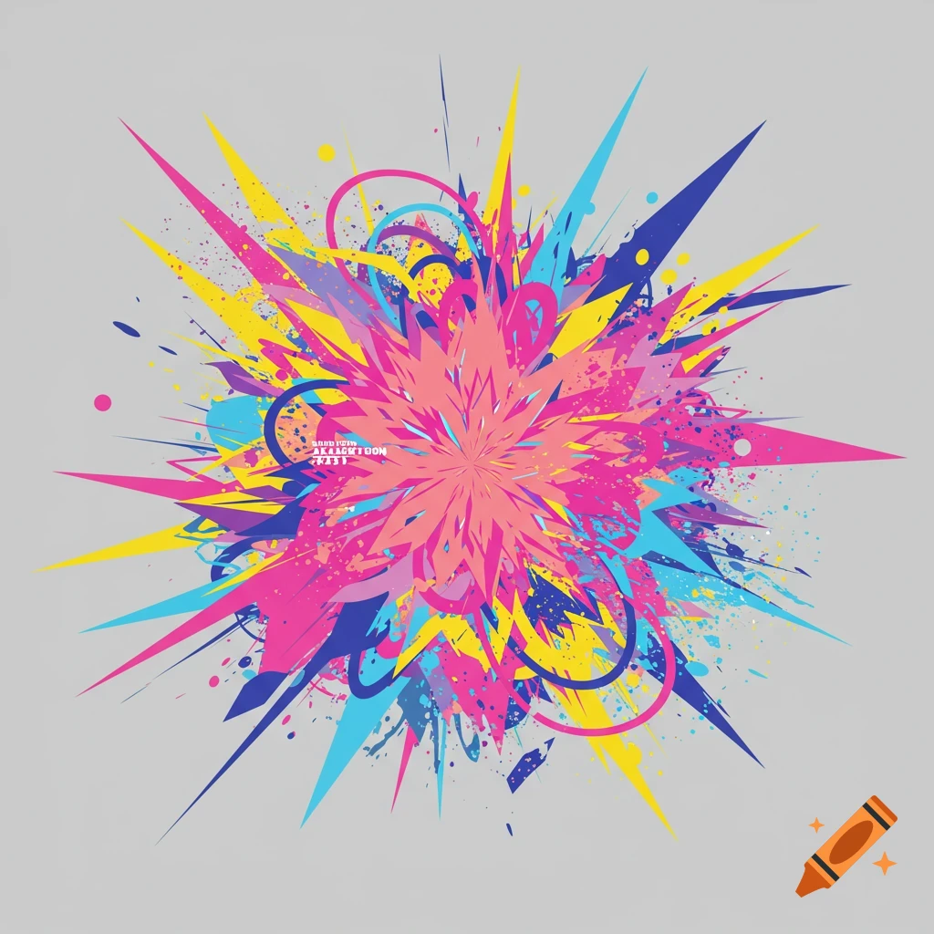 A vibrant abstract explosion of pink, yellow, blue, and purple spikes and splatters on a light gray background.