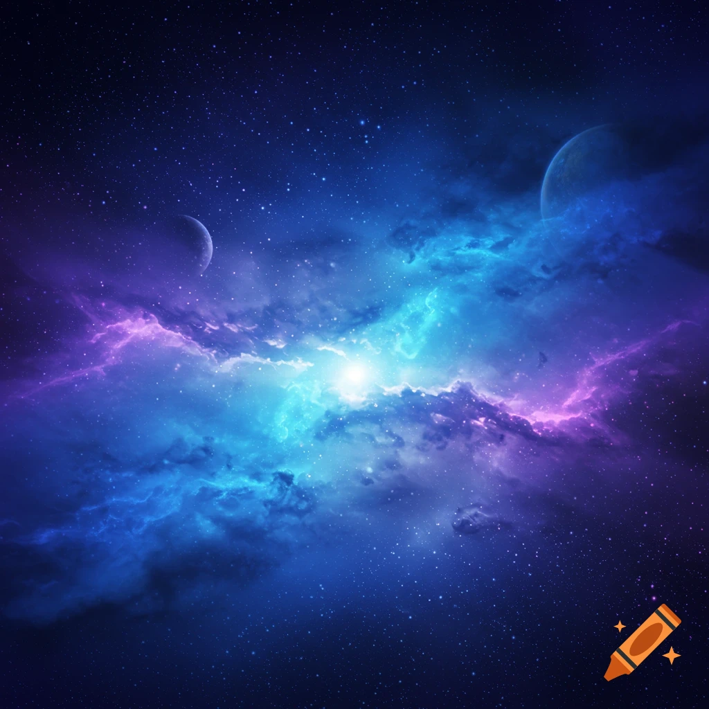 A vibrant blue and purple nebula stretches across a star-filled outer space, with two crescent planets visible.