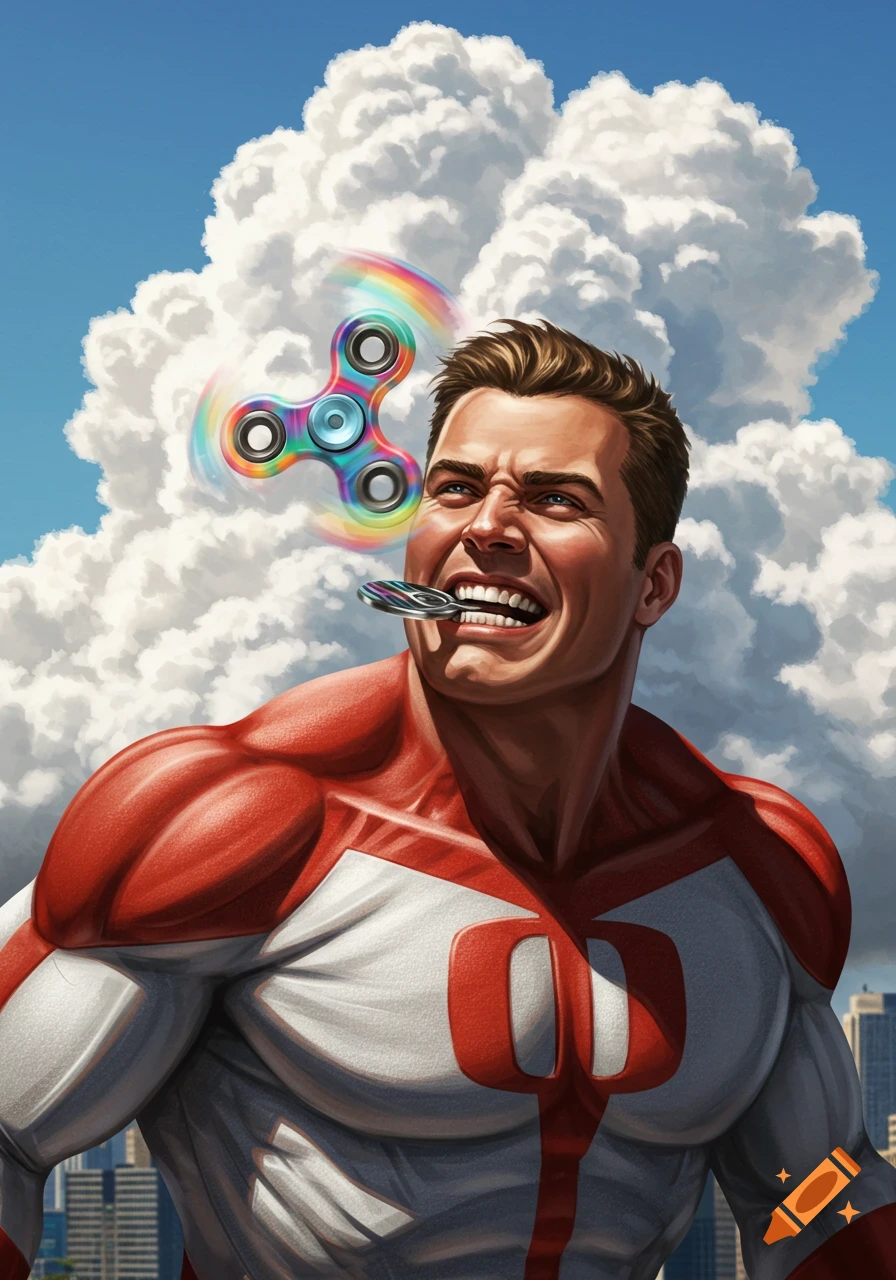 A muscular superhero in a red and white suit grimaces, biting a small fidget spinner while a larger rainbow one spins above his head in front of white clouds.