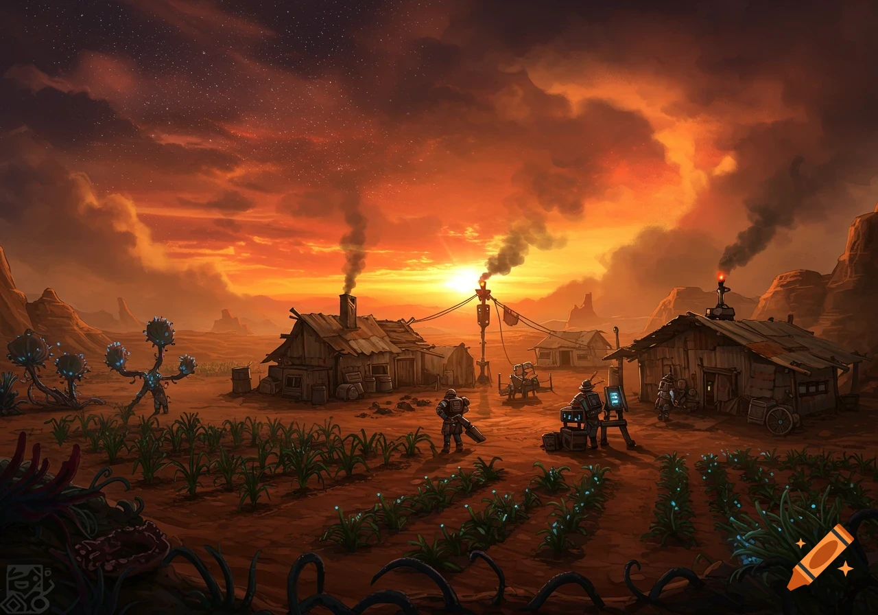 A detailed sci-fi illustration of a rustic colony on a barren planet at sunset, with futuristic crops, two figures, and smoking chimneys.