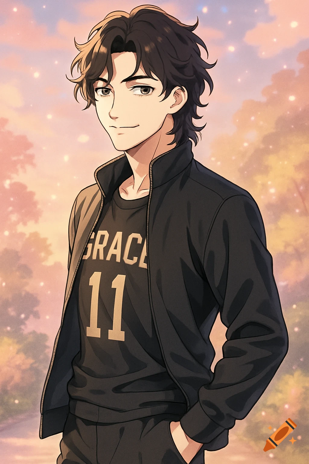 An anime-style young man with dark wavy hair and hazel eyes, wearing a black track jacket and a shirt with "GRACE 11", smiling politely.
