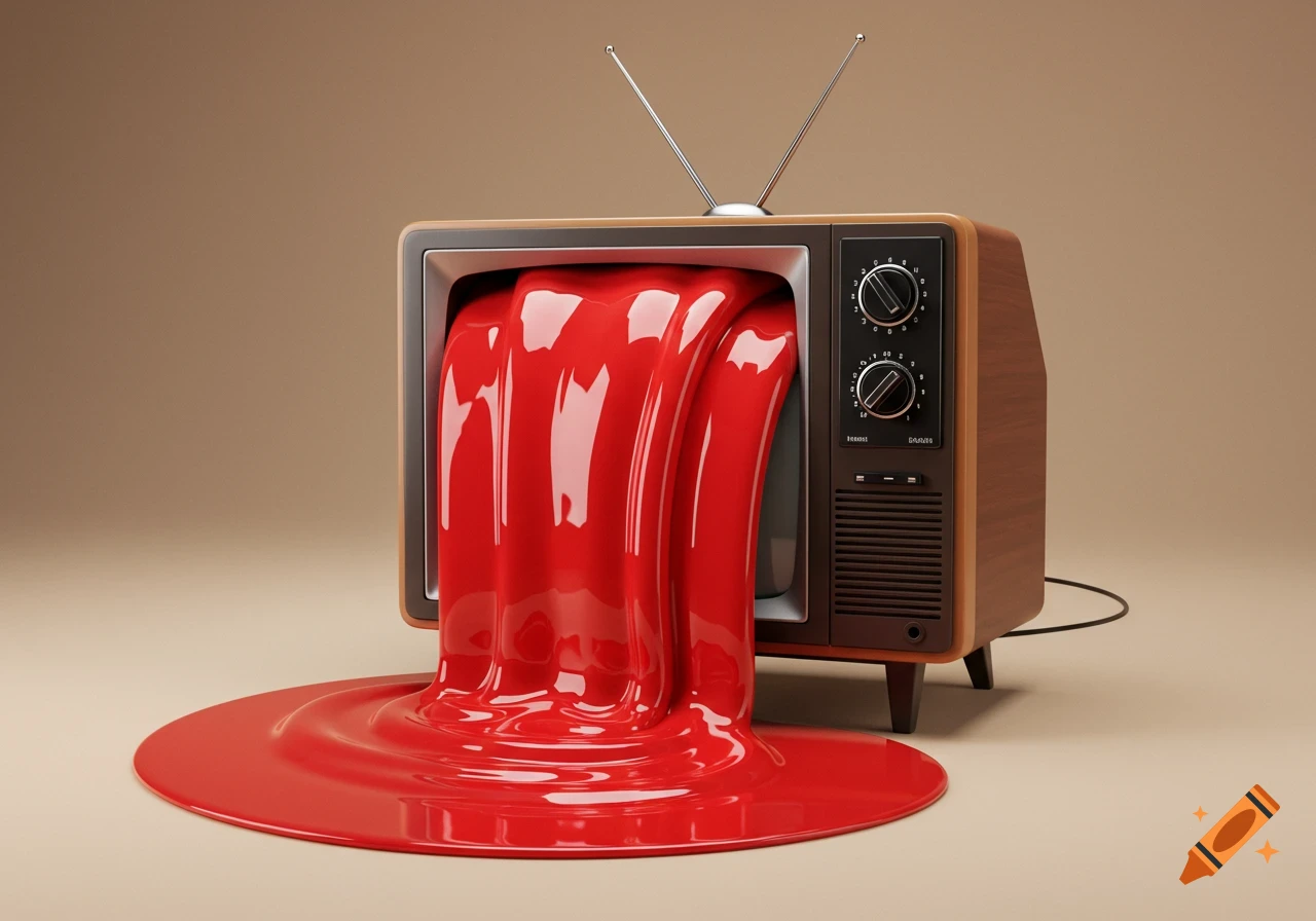 A vintage television set with bright red liquid oozing from its screen, pooling on a beige surface. 3D render.