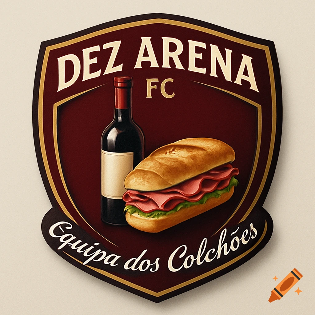 A maroon and gold shield logo features a wine bottle and a ham sandwich, with the text 'DEZ ARENA FC' and 'Equipa dos Colchões'.