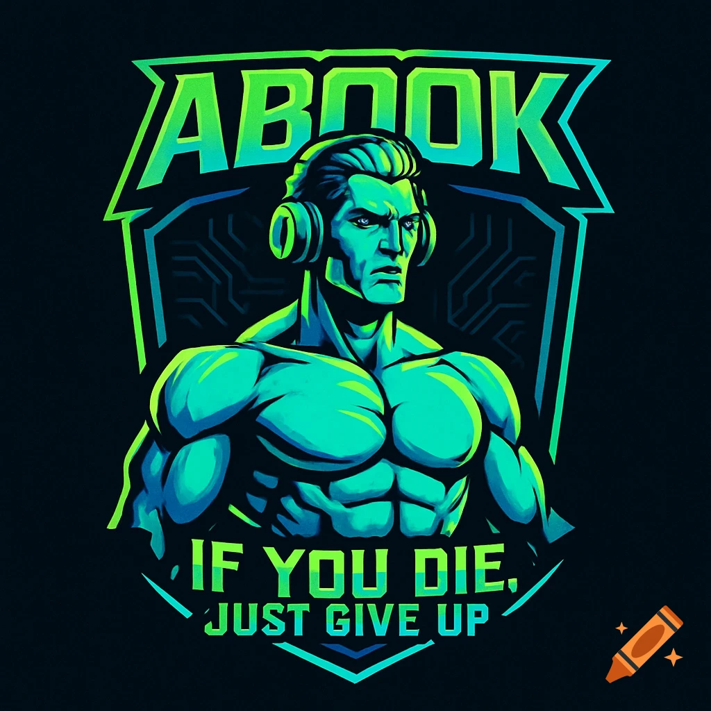 A stylized logo featuring a muscular man with headphones, a stern expression, set against a shield-like emblem with circuit patterns. Above him, the text "ABOOK" in vibrant green and blue, and below, "IF YOU DIE, JUST GIVE UP".