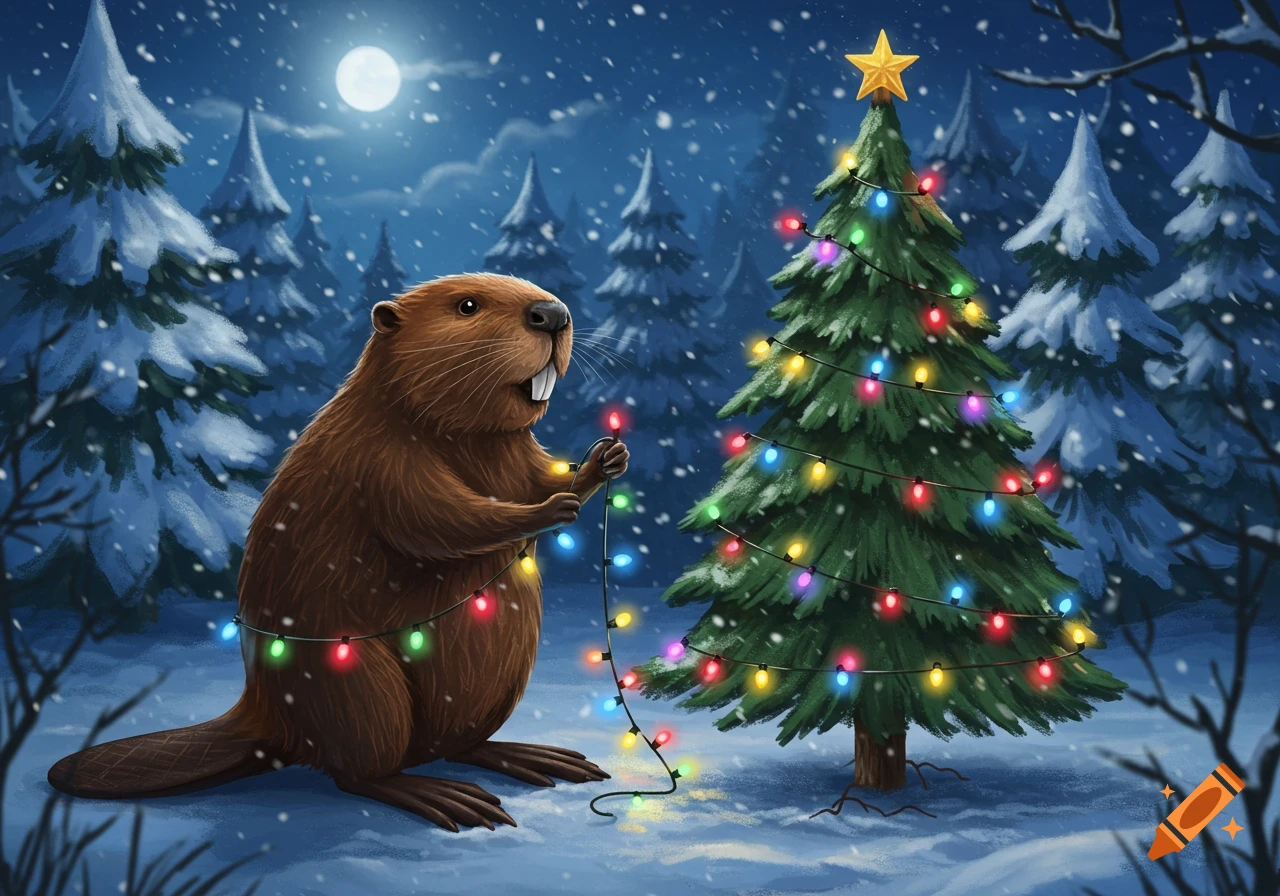 A brown beaver strings colorful lights on a Christmas tree in a snowy forest under a full moon, illustration.