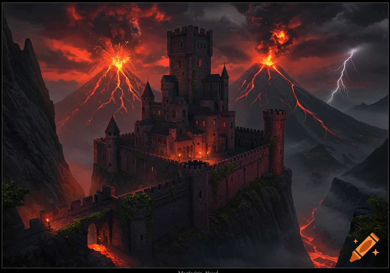 A dark, formidable medieval castle perched on a rocky peak, flanked by two erupting volcanoes with flowing lava and lightning in a stormy sky.