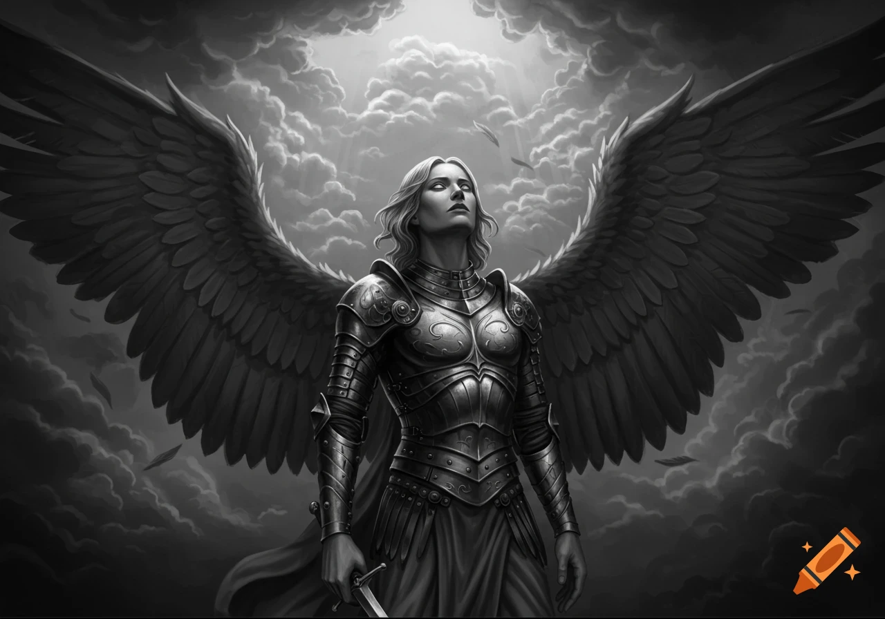 A black and white realistic archangel in ornate armor and large wings looks up through dark clouds, holding a sword.
