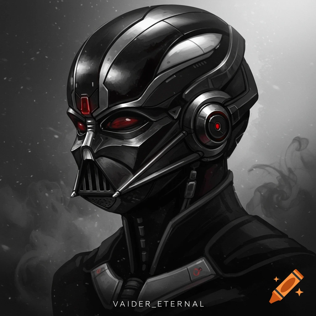 A digital painting of a menacing cyborg character in a black helmet with red glowing eyes and a Darth Vader-like mouth grill.