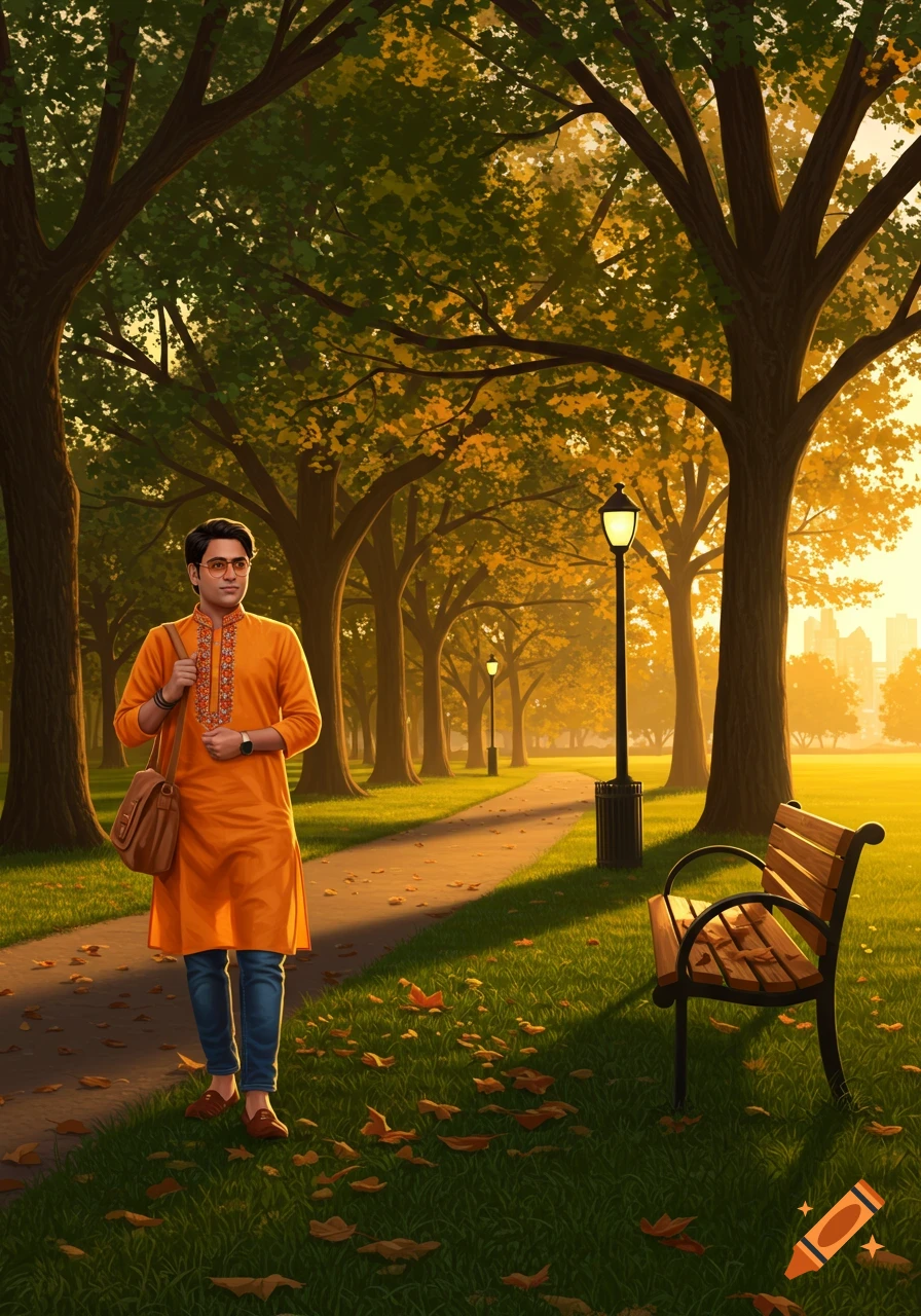An Indian man in an orange kurta walks on a path through a park with trees and a bench, bathed in golden sunset light.
