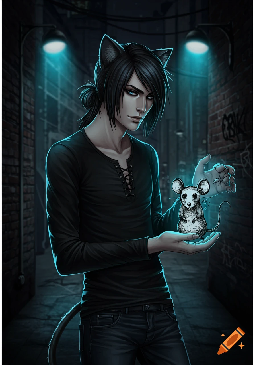 A dark-haired man with cat ears and tail, wearing black, holds a doodle rat in a dimly lit alley.