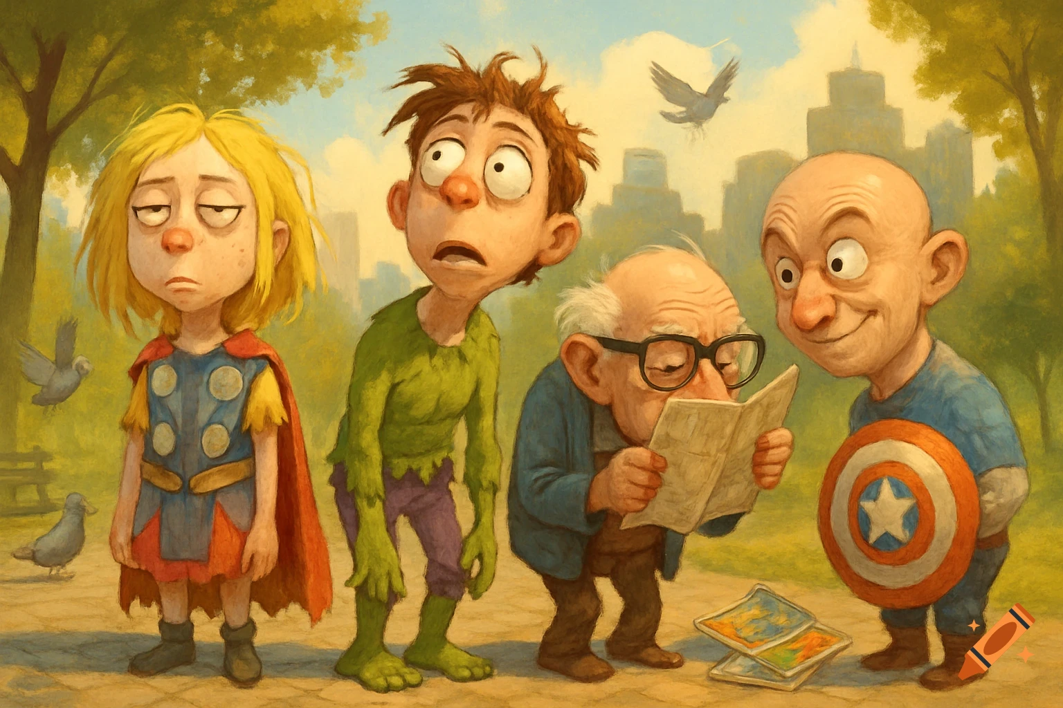 A stylized painting of four caricatured people in a park, resembling a humorous Avengers parody. A blond girl in a Thor-like outfit looks tired, a green-skinned man looks confused, an old man in glasses squints at a newspaper, and a bald man smiles while holding a Captain America shield.