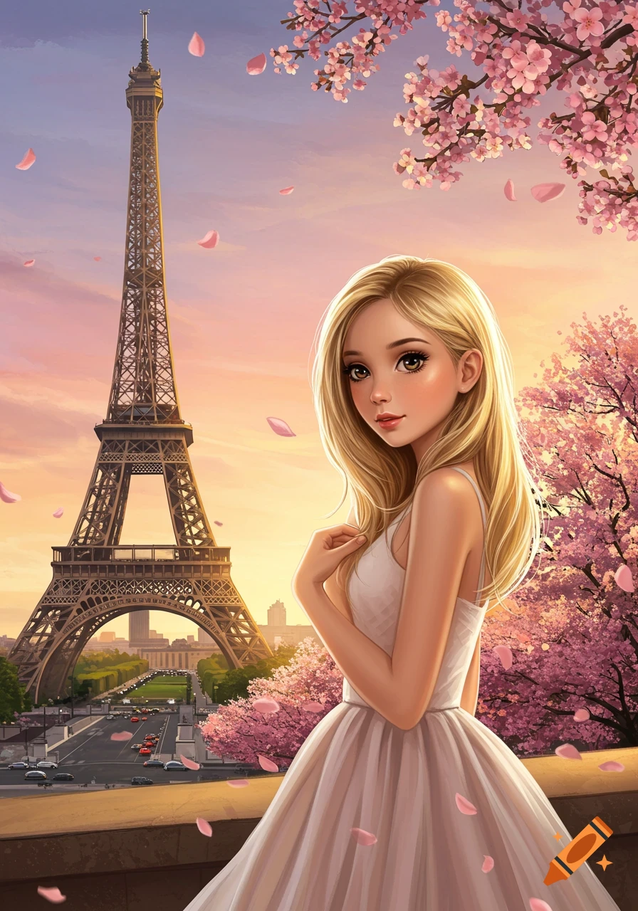 Illustrated blonde girl in a white dress in Paris, Eiffel Tower and pink cherry blossoms at sunset.